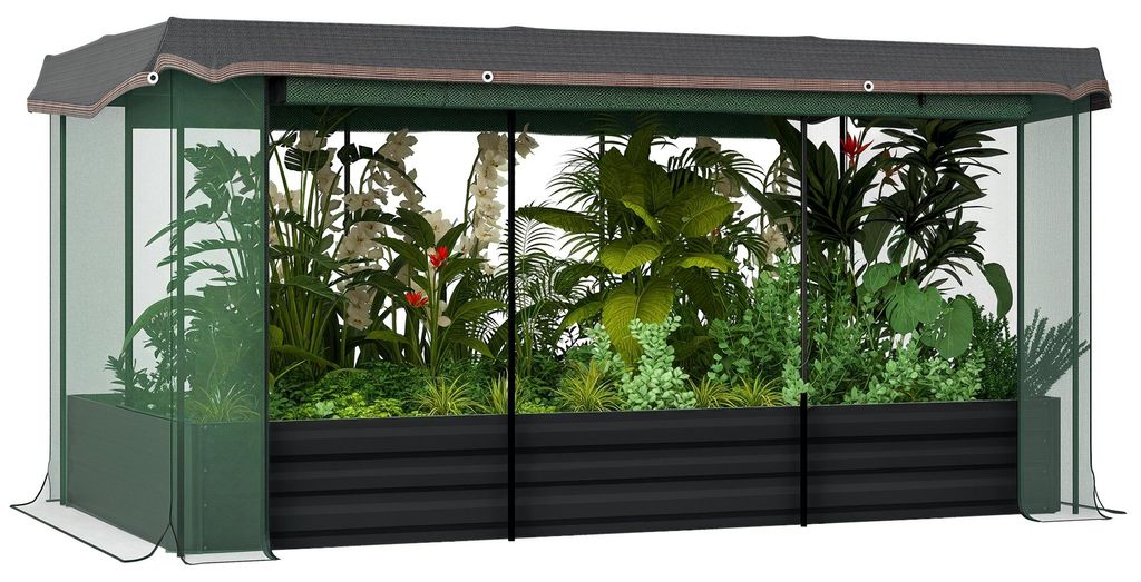 Hochbeet mit Vogelschutznetz und Sonnenschutz, Metall-Gehäuse, Grau/Grün/, Stahl, HDPE, 230 x 110 x 110 cm, Dunkelgrau, für Garten und Terrasse