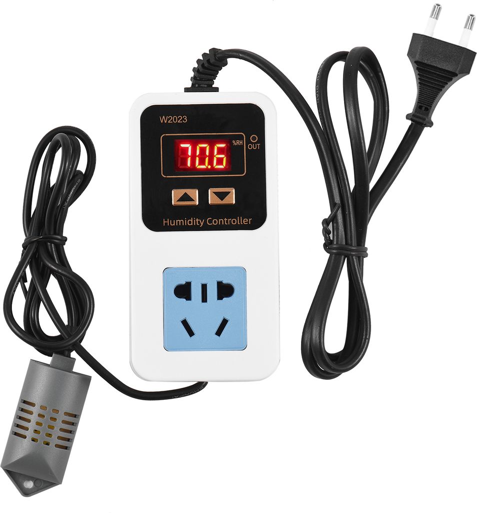 A digital humidity controller with a sensor, power cord, and plug, displayed against a white background.
