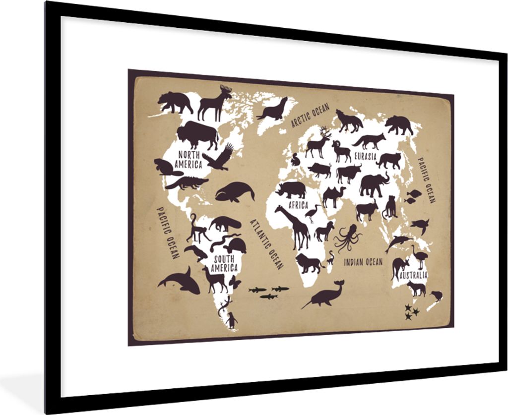 MuchoWow MuchoWow Gerahmtes Poster Weltkarte - Tiere - Braun 90x60 cm - Poster mit zchwarzem Bilderrahmen - Wanddekoration - Fotos