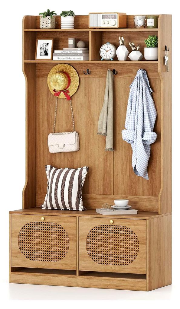 Garderobenständer mit Sitzbank und 6 Schuhablagen, Garderobe mit 6 Doppelhaken, Regal und 2 Fächern, Flurstehgarderobe aus Holz und PE Rattan fü...