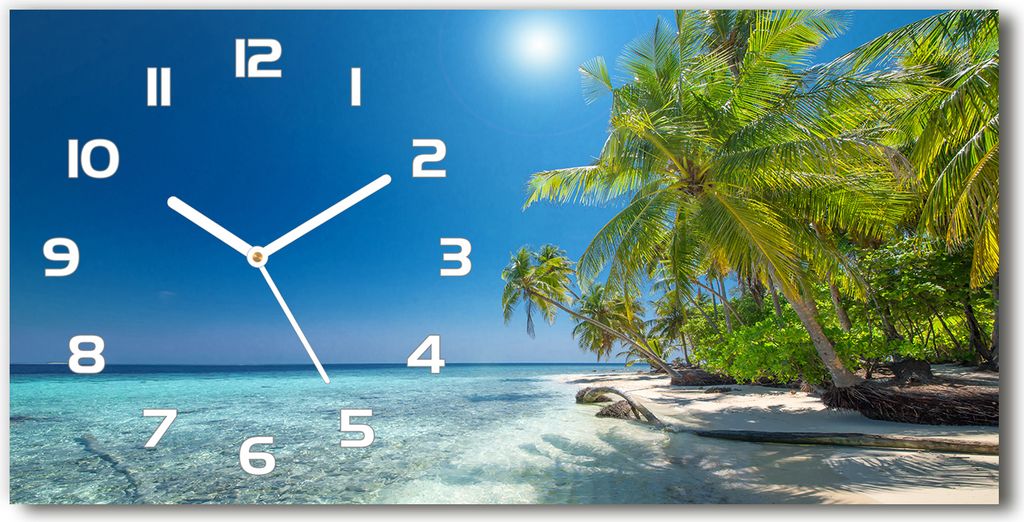 Wanduhr aus Glas – 60x30 cm - Glasbild - Glasuhr - Gehärtetes Glas - weisse-zeiger - Malediven Strand