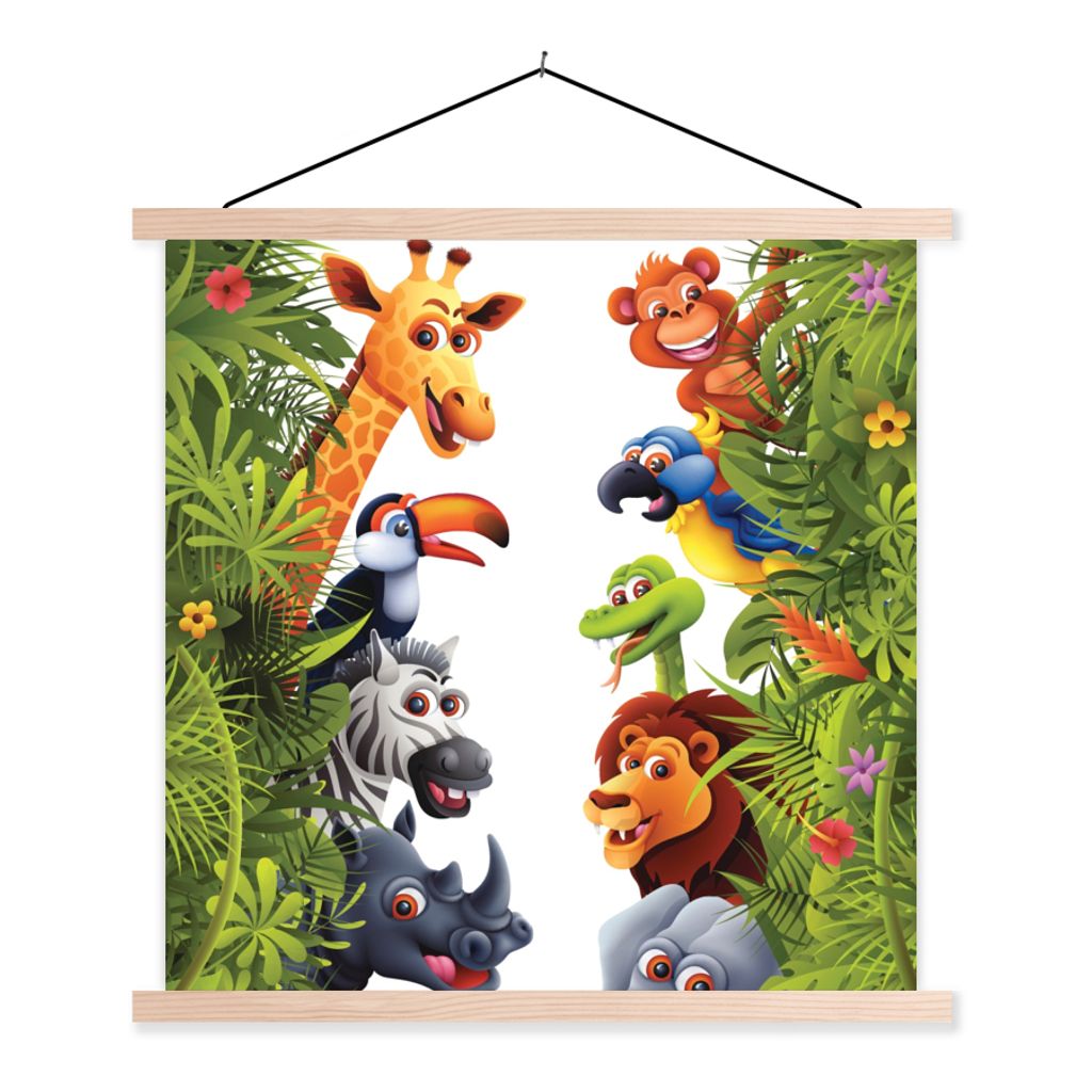 MuchoWow Textilposter Dschungel - Tiere - Jungen - Mädchen - Giraffe - Elefant - Kinder 60x60 cm mit holzfarbenen Rahmen - Wanddekoration