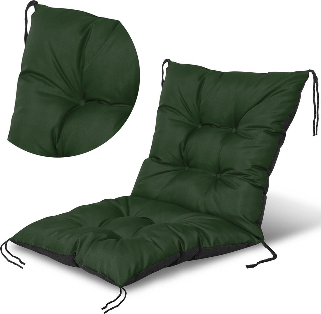 A green chair cushion is shown against a white background. A close-up inset of the top corner of the cushion is also visible.