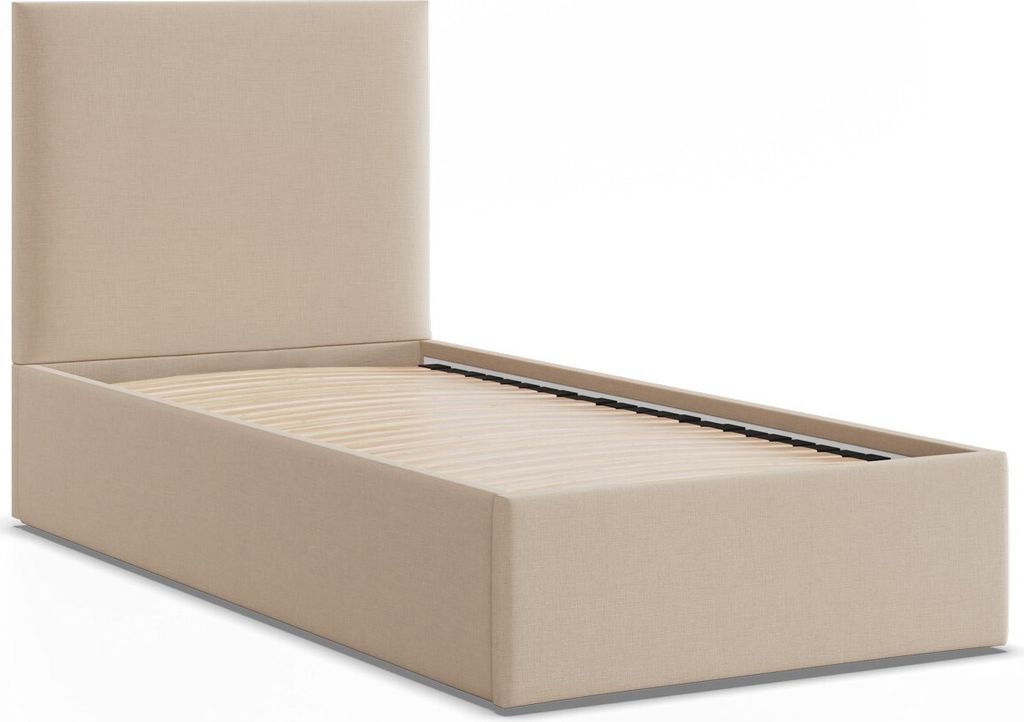 Modernes Polsterbett PAOLA 90x200, Einzelbett ohne Stauraum mit Holzlattenrost Beige Geflecht