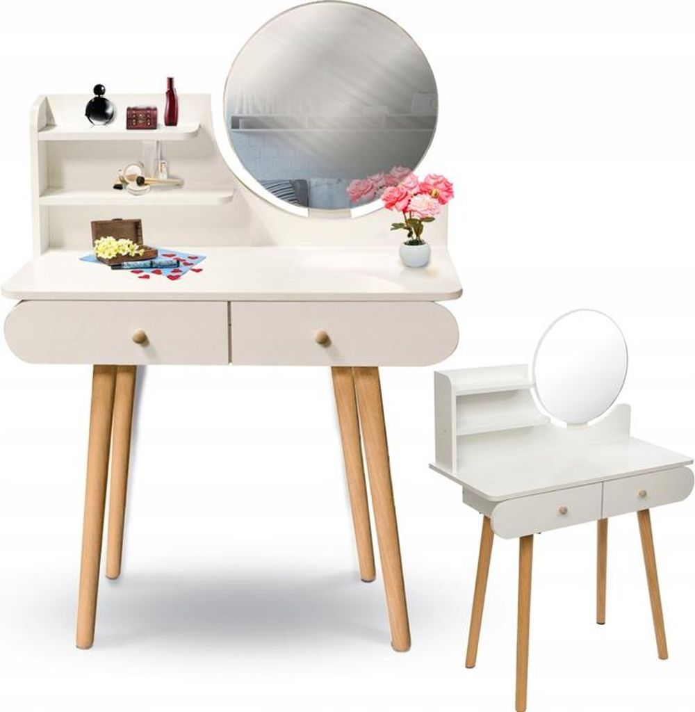 A white vanity table with a round mirror and a matching stool, set against a white background.