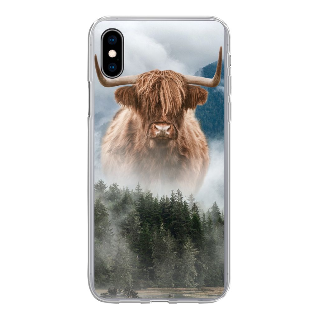 MuchoWow Handyhülle Schutzhülle Hülle für iPhone Xs Schottische Highlander - Kühe - Nebel Silikon Softcase Handy Hülle - Handytasche