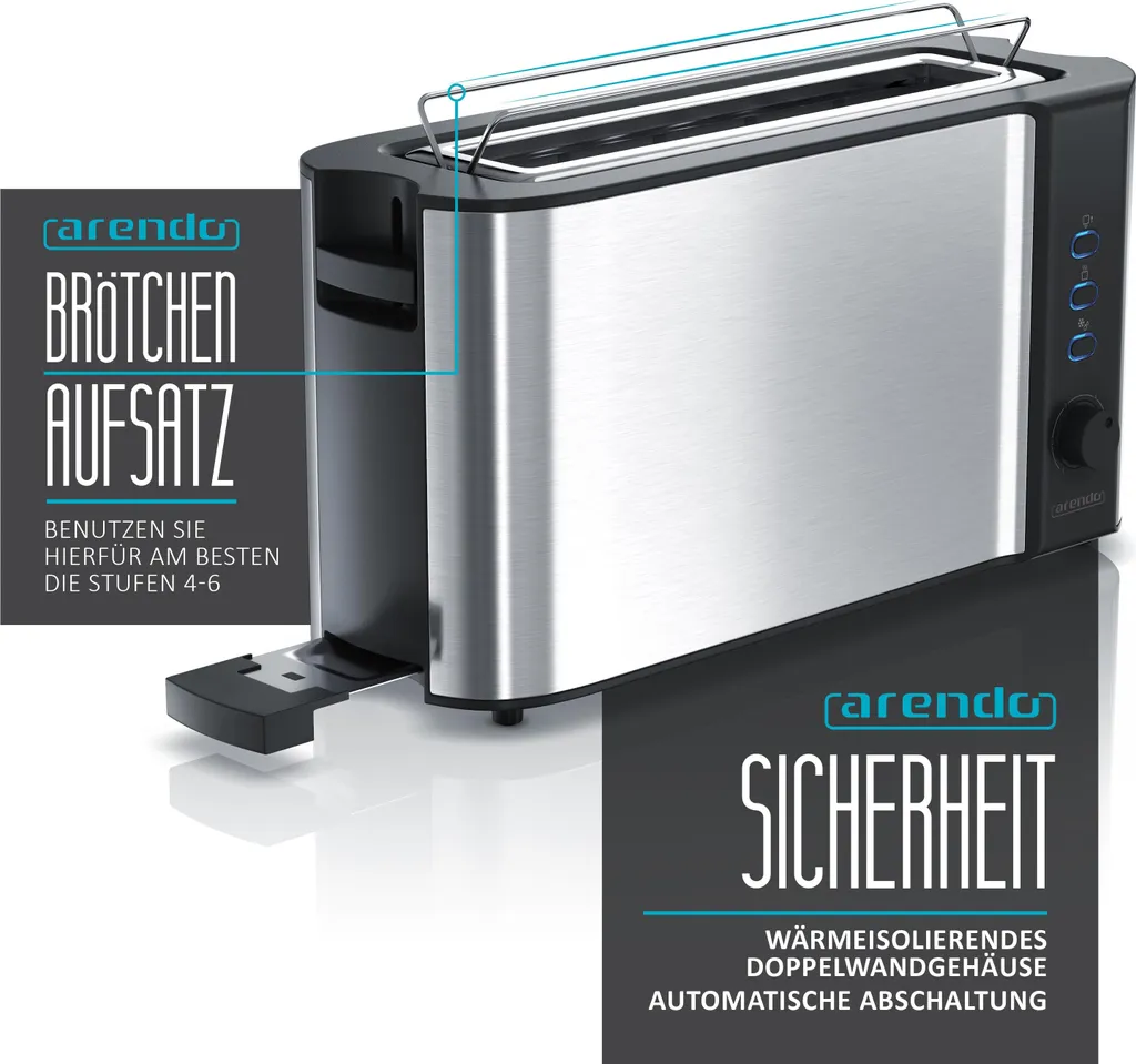 Tostapane Arendo 2 fette, tostapane a fessura lunga, fessura lunga, acciaio inox, 1000W, display con indicatore del tempo residuo, piano per il pane, funzione di scongelamento, alloggiamento termoisolante, argento - 7