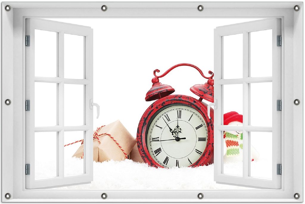 Wallario Outdoor-Poster für Garten oder Balkon 100 x 150 cm: Wecker mit Schneemann und Geschenken