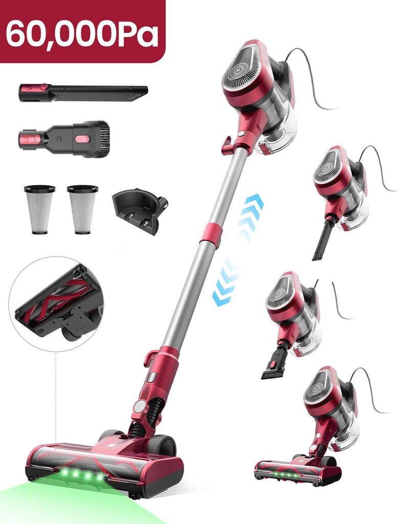 A red and silver cordless vacuum cleaner is shown with various attachments and accessories, along with multiple views of the vacuum cleaner itself.