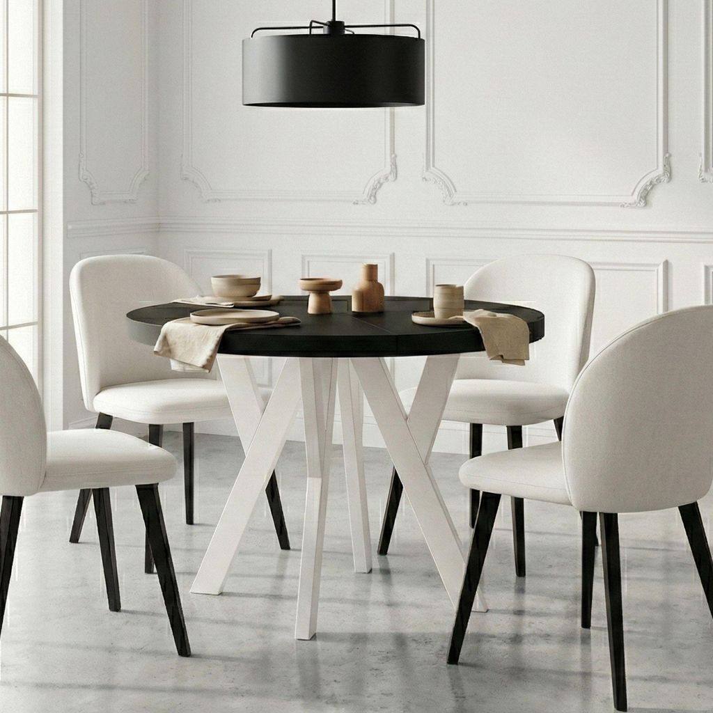 Runder Ausziehbarer Tisch für Esszimmer, PERO, Loft-Stil, Skandinavische, Durchmesser: 90 / 140 cm, Farbe: Schwarz / Weiß