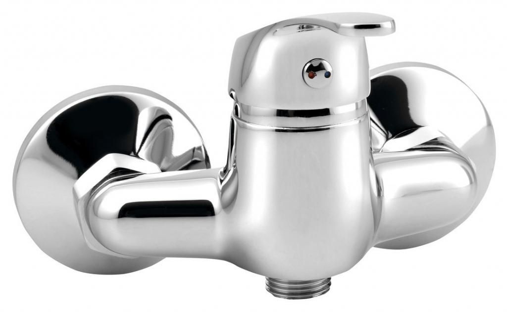 A chrome shower faucet is shown against a white background.