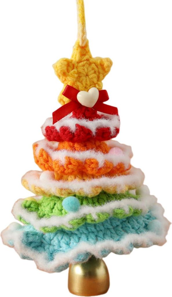Handgemachter Mini-Weihnachtsbaumschmuck aus Strick, mehrlagig gehäkelt, schneebeflockter Baum mit goldenen Glöckchen und Sternspitze für Weihna...