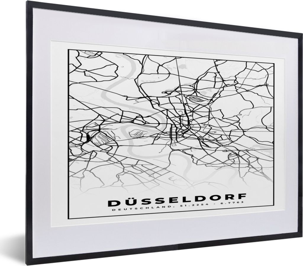 MuchoWow Gerahmtes Poster Düsseldorf - Karte - Stadtplan - Wegbeschreibung 40x30 cm - Poster mit Schwarzem Bilderrahmen Wandposter Rahmen Foto B...