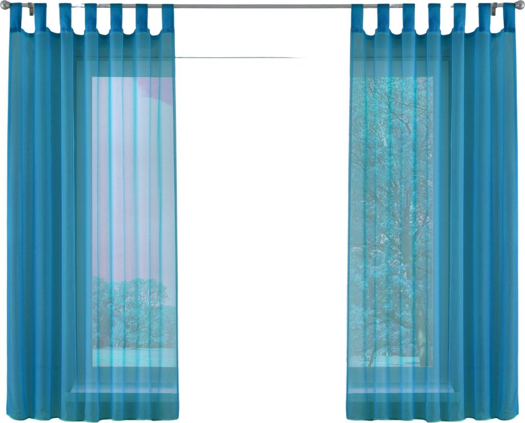 Two sheer turquoise curtains are shown hanging from a curtain rod, covering two windows. The curtains have a vertical stripe pattern and a weighted hem.