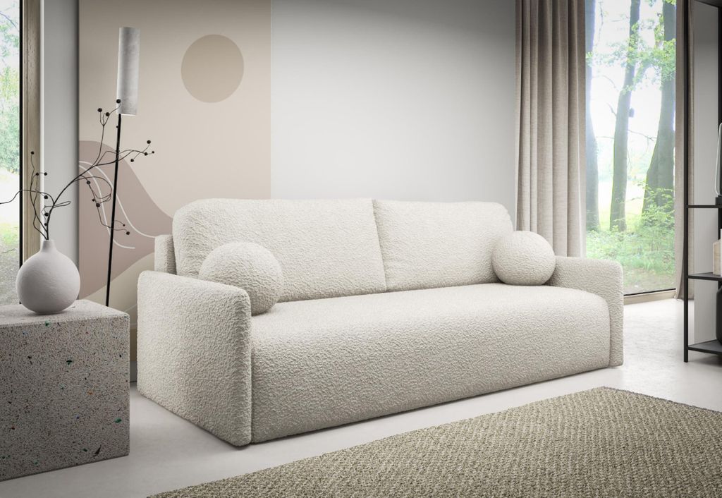 AlpiMeble Sofa 3 sitzer, Modern Schlafsofa, Couch mit schlaffunktion, Eleganter Abriamo-Stoff, Weiß