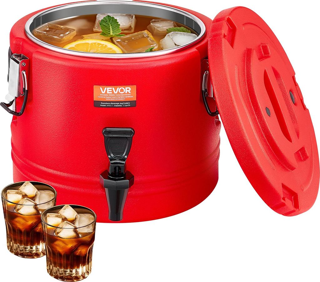 A red insulated beverage dispenser with a lid off, showing the inside filled with ice and liquid, and two glasses of iced beverage in the foreground.