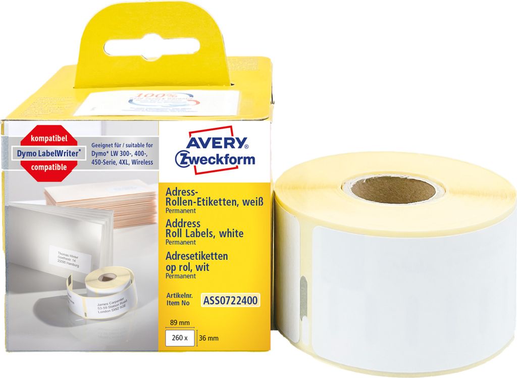 Avery Zweckform ASS0722400, Rollen-Etiketten, 36 x 89 mm, 260 Etiketten / 1 Rolle, weiß