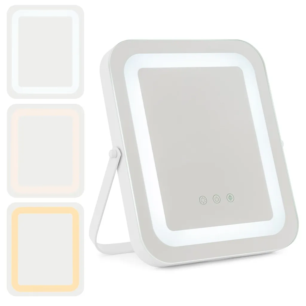 COSTWAY Specchio cosmetico 25x30cm con funzione di memoria e illuminazione, specchio per il trucco a 3 colori regolabile e oscurabile a 360°, specchio da tavolo
