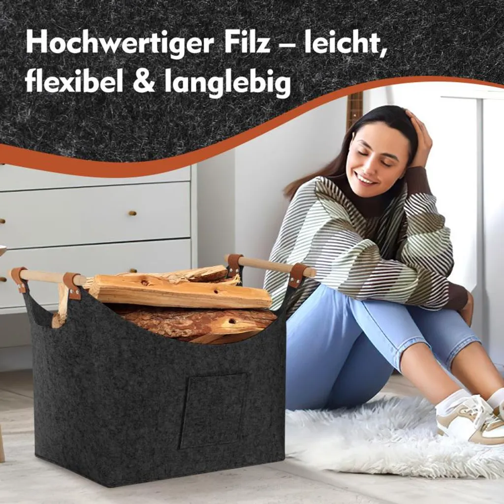Cestino Portalegna XXL In Feltro Con Manici In Legno – 40x40x30 Cm – Portagiornali E Contenitore Multiuso