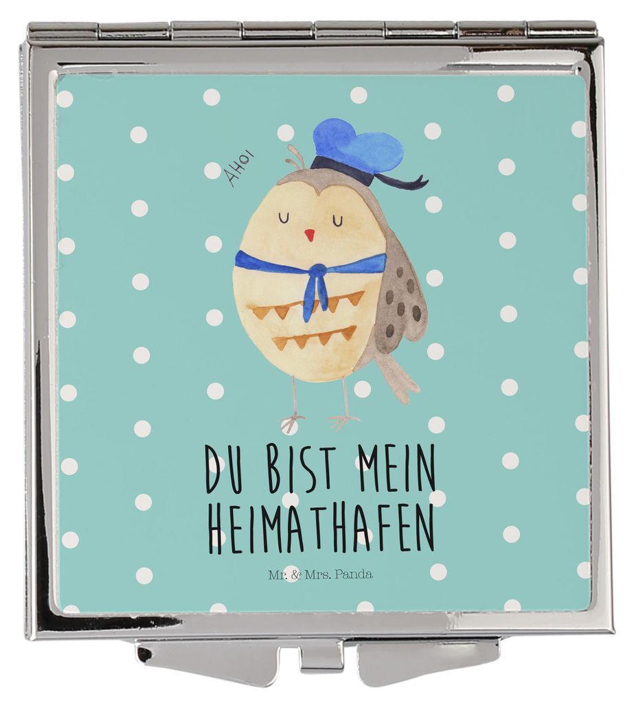 Mr. & Mrs. Panda Kosmetikspiegel Eule Matrose - Türkis Pastell - Geschenk, Verliebt, Kleiner Spiegel, Handspiegel, Freundin, Schminkspiegel, Tasch...