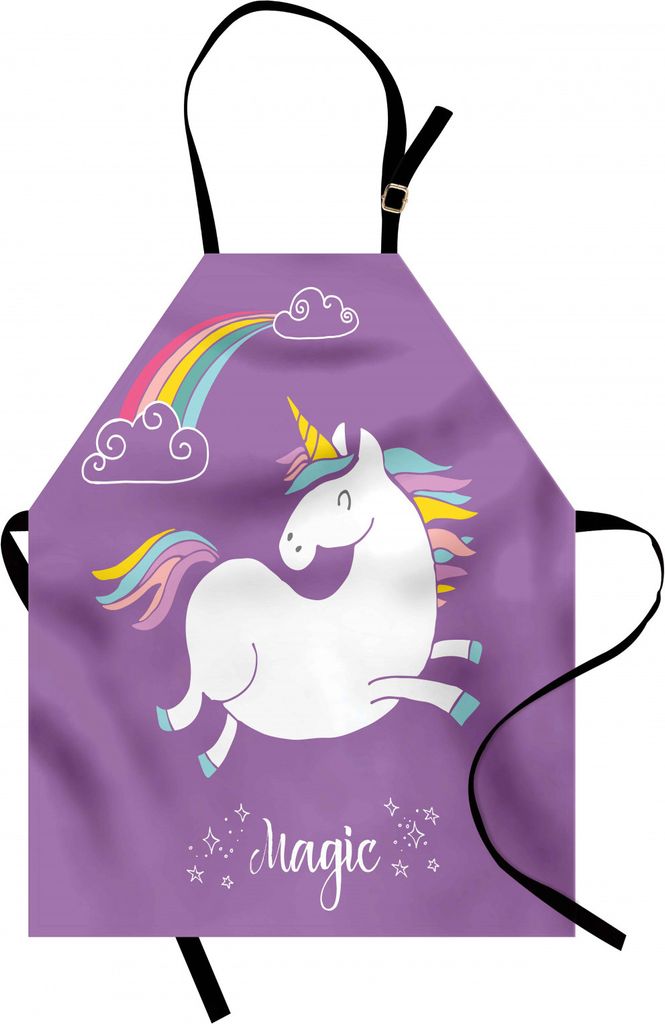ABAKUHAUS Einhorn Kochschürze, Mythisches Tier mit Wolken und Regenbogen-Figur Fairy Cute Unicorn Image Print, Farbfest Höhenverstellbar Waschbar...