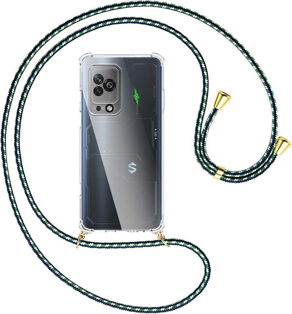 Handykette Backcover-Schutzhülle mit Band (Metall goldfarben) für Xiaomi Black Shark 5 Pro (6.67'') - grün/blau/weiß