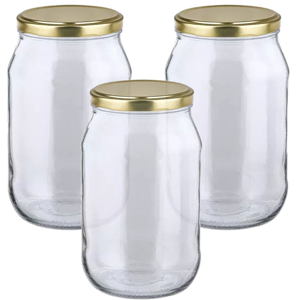 MIKONI Gurkenglas 1,7 L | 3 STÜCK | Gold Deckel | Einweckgläser, Einmachgläser, Vorratsgläser, 1700ml, Einmachglas, Sturzgläser, Gurkengläser