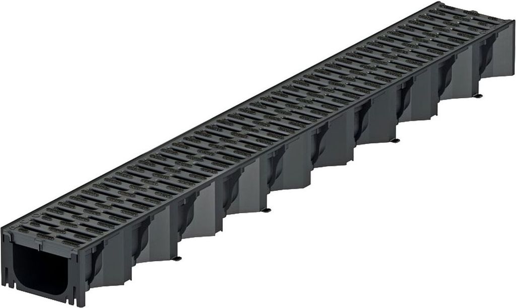 A dark gray drainage channel with a grate on top, shown from a diagonal angle against a white background.