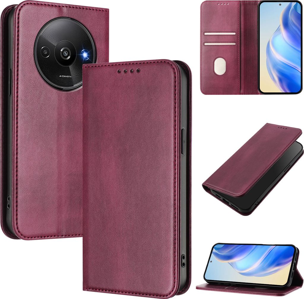 Handyhülle für Xiaomi Redmi A3/A3X/Poco C61, Vintage Leder RFID Schutz Kartenfach Standfunktion Magnetische Klapphülle Rot