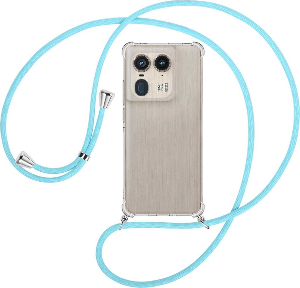 Handykette Backcover-Schutzhülle mit Band (Metall silberfarben) für Motorola Edge 50 Ultra 5G - himmelblau