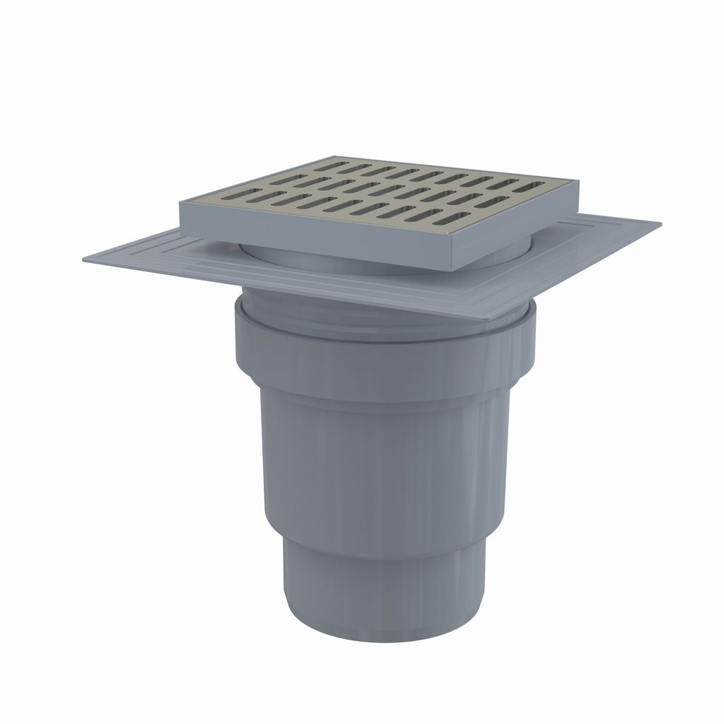 AlcaDrain Bodenablauf 150×150/110 mm mit einem senkrechten Produktbild 