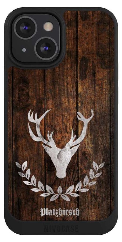 NIVOCASE Handyhülle für Apple iPhone 13 Mini Hülle NIVOpure Case Schwarz Hirsch Holz Holzoptik