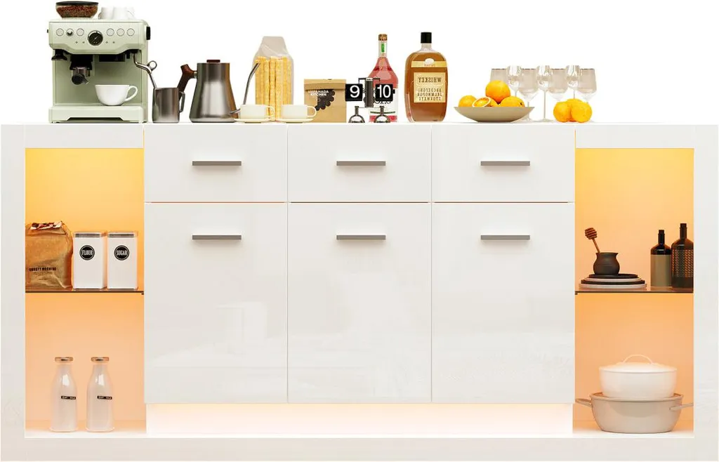 Buffet bas blanc brillant 160cm avec 14 compartiments et éclairage LED - 7