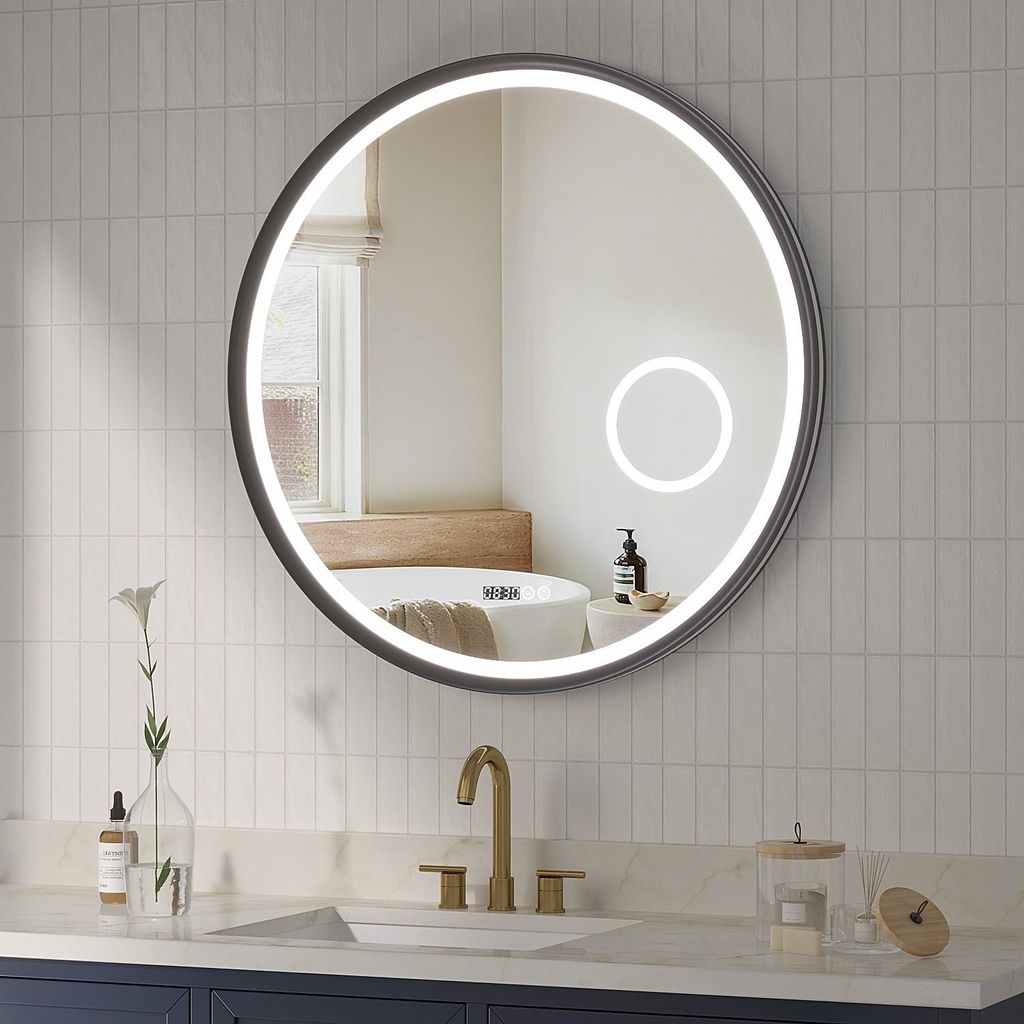 Runder Spiegel Wandspiegel LED Badezimmerspiegel Bad LED Dekorspiegel Dimmbare Badspiegel mit Mattschwarzer Aluminiumrahmen Antibeschlag 3-facher V...
