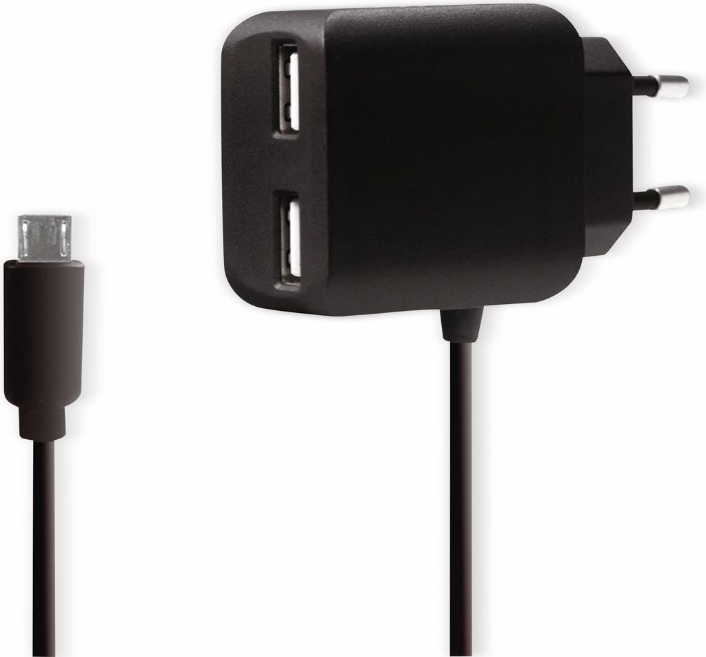 A black USB wall adapter with two USB ports and a black Micro-USB cable are shown against a white background.