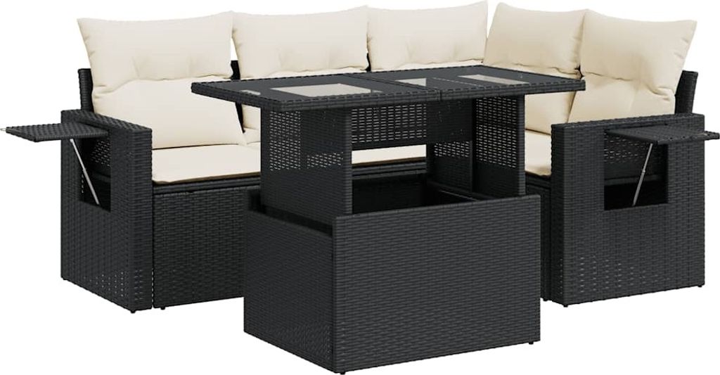 vidaXL 5-tlg. Garten-Sofagarnitur mit Kissen Schwarz Poly Rattan