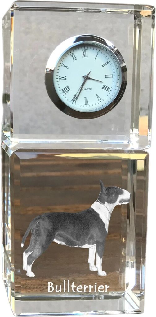 Bull Terrier, Bullterrier - Kristalluhr mit Foto, Hundebild im Kristall, personalisierte Schreibtischuhr von Art-Dog.