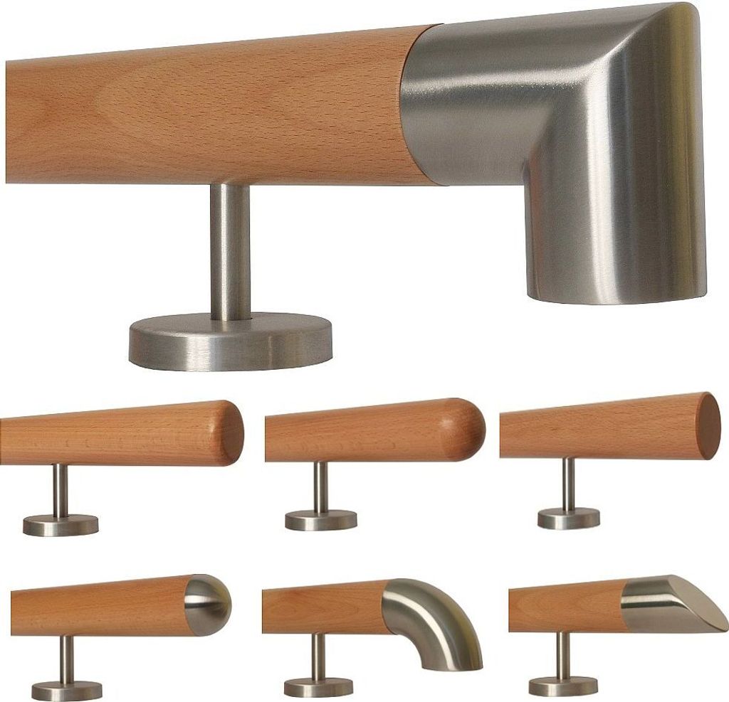 TIBU Buche Holz Handlauf Geländer 0,3m - 5m, Länge 440 cm, Ende Edelstahlecke und 6 gerade Halter