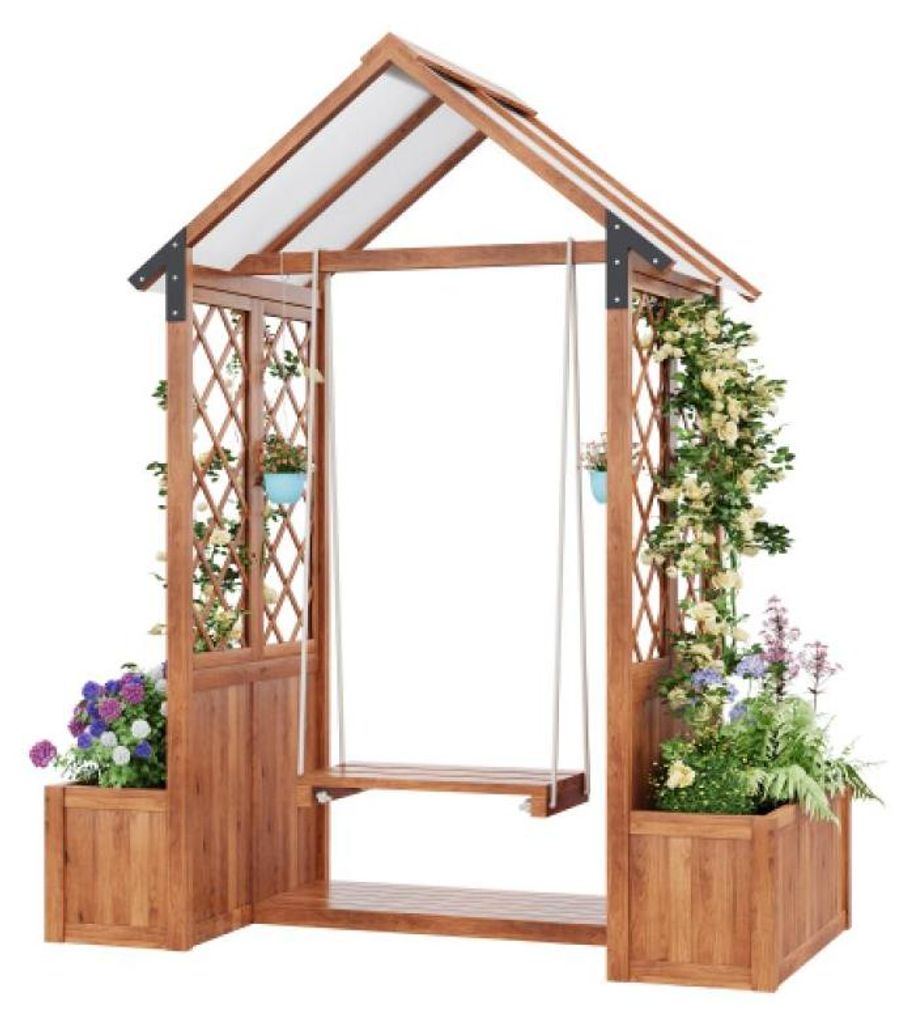 Zimilo Pflanzkübel mit Spalier und Schaukel, Massivholz Blumenkasten mit Sonnendach, Rankhilfe für Garten Terrasse Balkon, Braun
