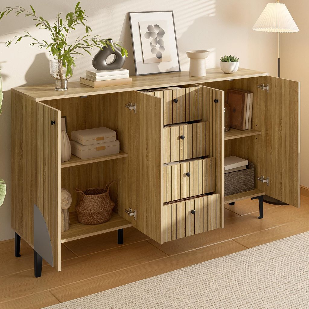 MODFU Moderner Sideboard Aufbewahrungsschrank aus Holz mit 4 Türen und 4 Schubladen,Küchenschrank Esszimmerschrank mit minimalistischem Design,Ho...