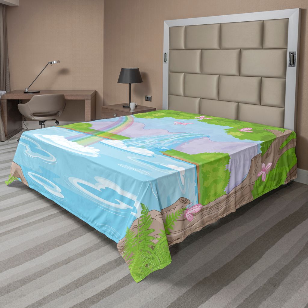 ABAKUHAUS Feminin Bettlaken, Druck Feenhaften Landschaft Mit Wasserfall Regenbogen See Schmetterlinge Land, weiches bequemes oberes Bettlaken für ...