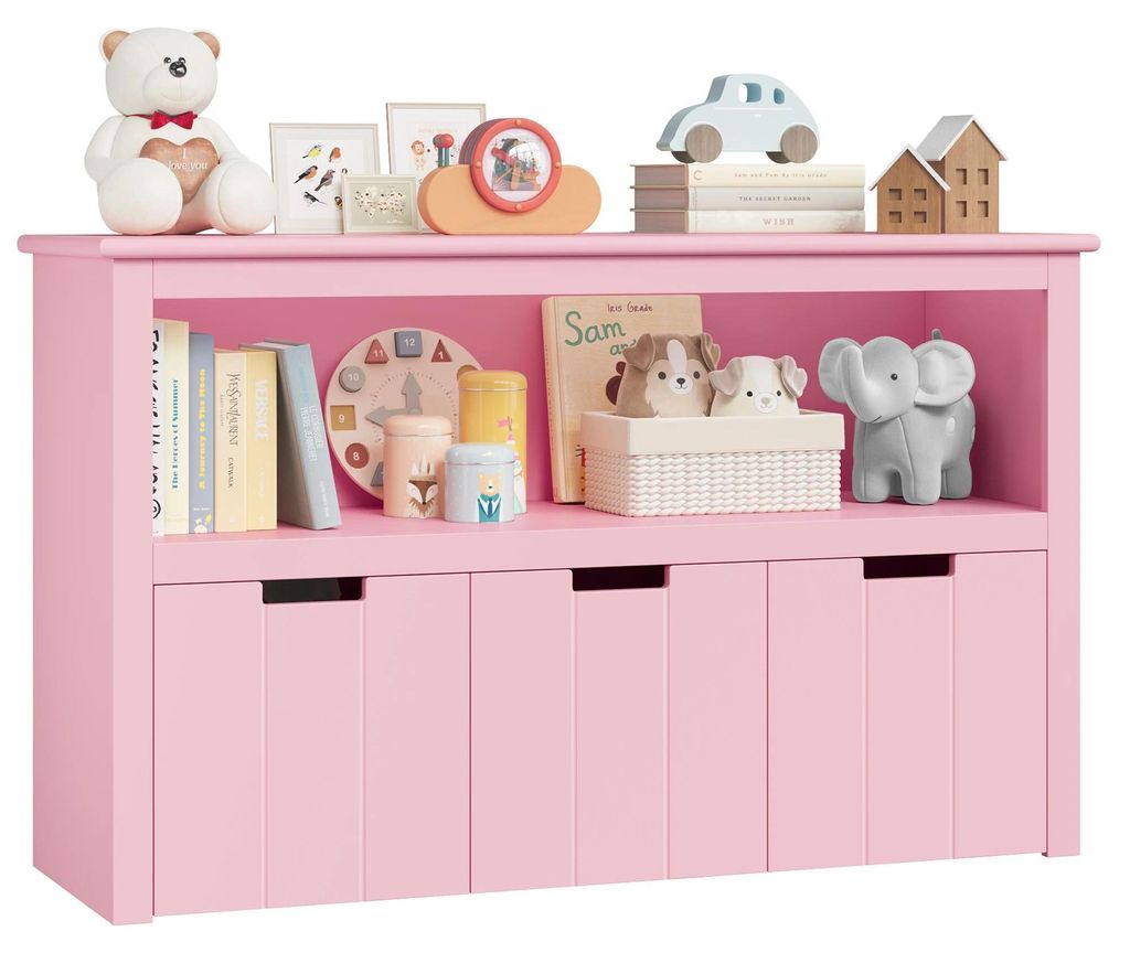 Spielzeug Aufbewahrung Kinder - Regal mit Rollen - 3 Holzschubladen - Kinderzimmer Wohnzimmer - 102x33x61,5 cm - Rosa