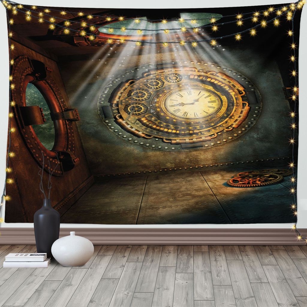 ABAKUHAUS Fantasie Wandteppich, Clock Traum Sky Fiction, Wohnzimmer Schlafzimmer Wandtuch Seidiges Satin Wandteppich, 150 x 100 cm, Brown und Teal