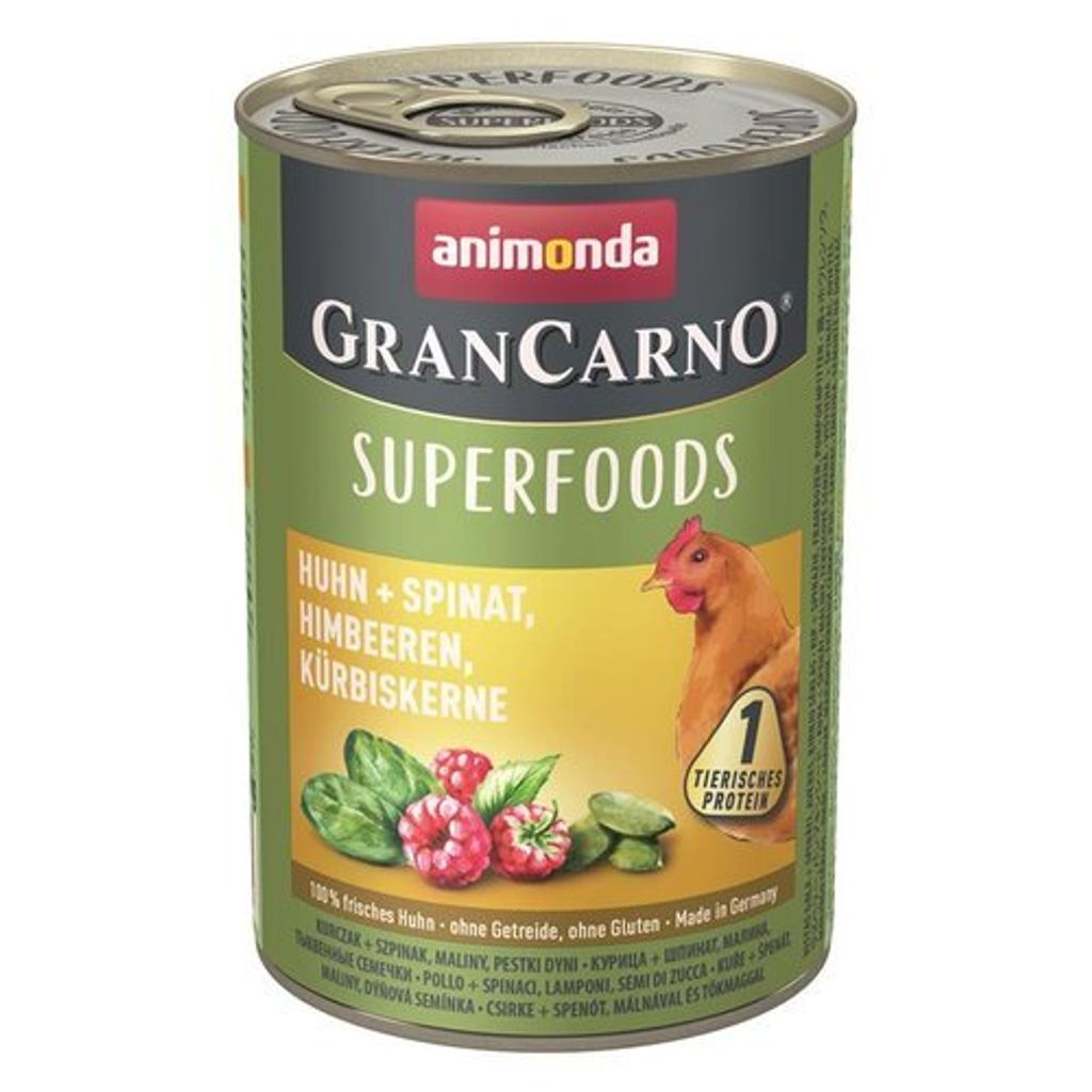 Animonda GranCarno Adult Superfoods Huhn & Spinat, Himbeeren, Kürbiskerne 800gx6