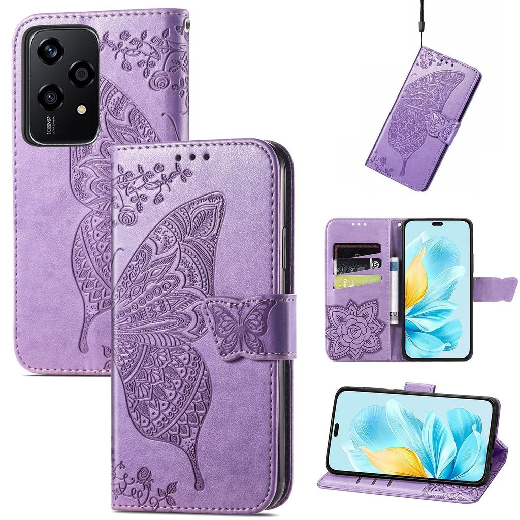 Für Honor 200 Lite Kunstleder Wallet Handy Tasche Schmetterling Design Hülle Etuis Hell-Lila