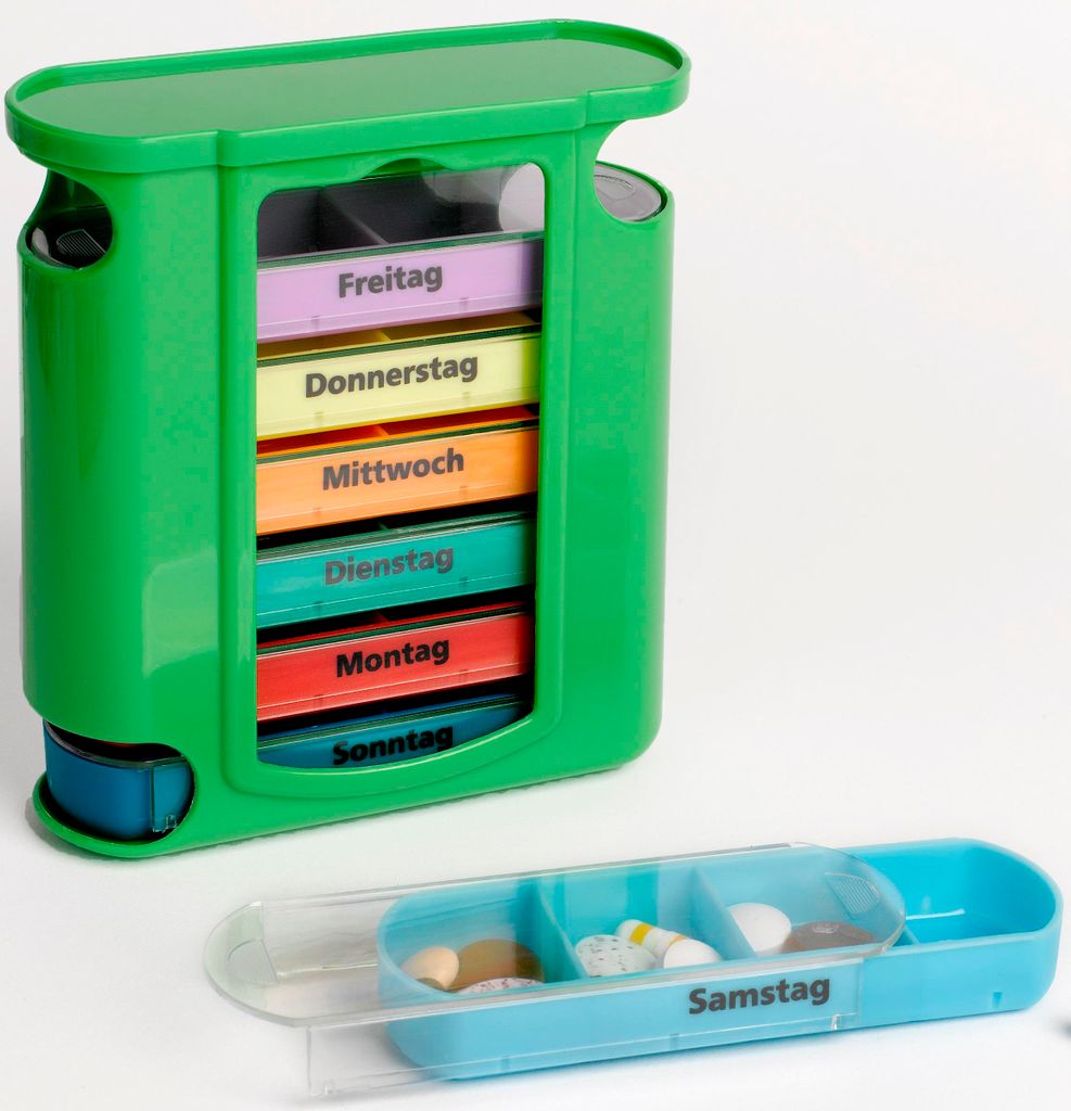 Pillendose 7 Tage 4 Fächer | Kompakter Wochenspender bunt Produktbild 