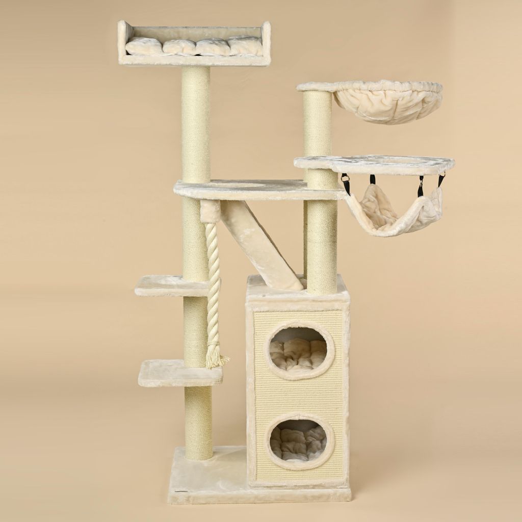 RHRQuality Kratzbaum für große Katzen – Cat Penthouse Crown – Beige – mit extra dicken 12 cm Sisalstämmen und XXL-Kratztonne