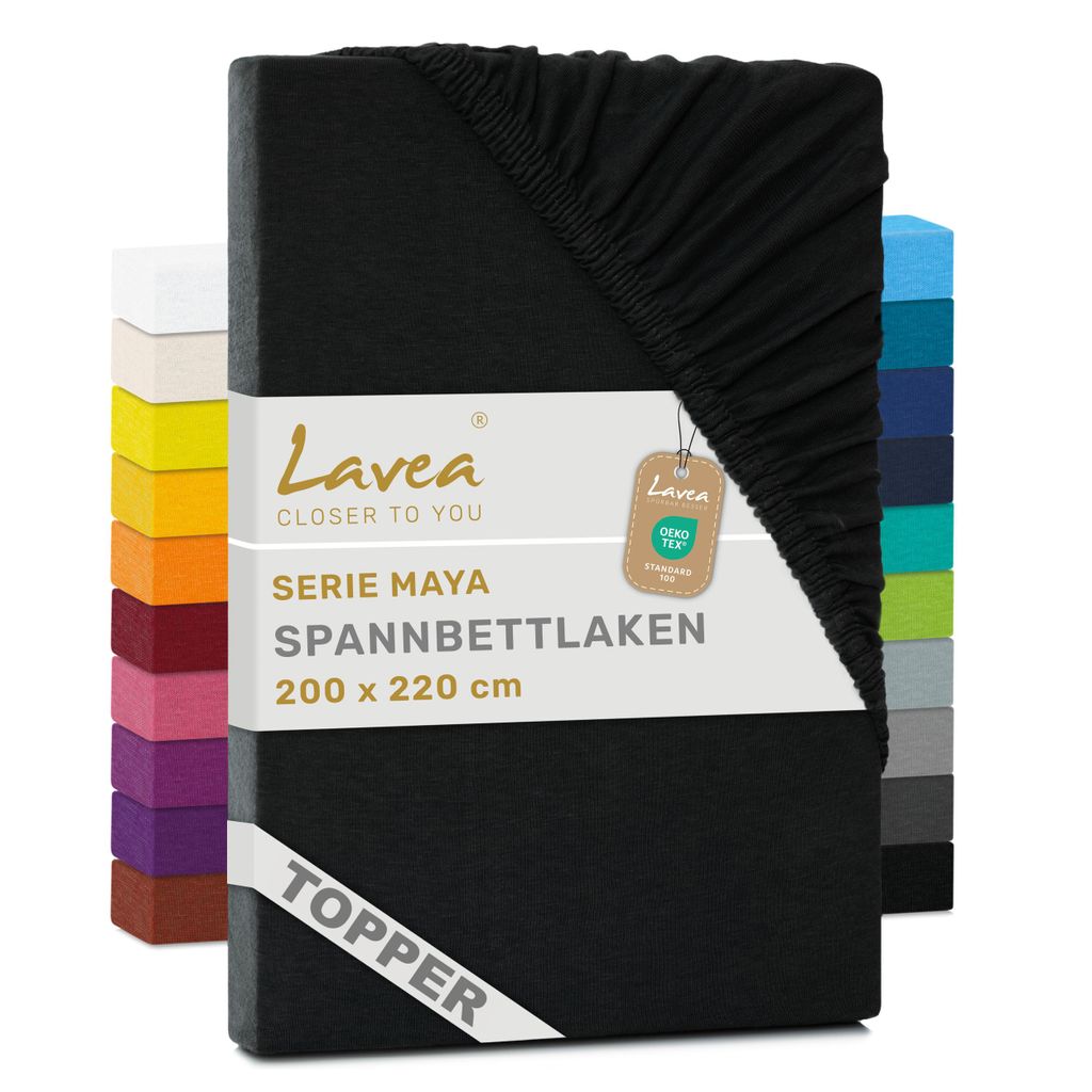 Lavea Topper Spannbettlaken 200x220 cm Maya Jersey, Bettlaken 100% Baumwolle, Bettbezug Matratzen bis 10 cm, Spannbettücher, Schwarz