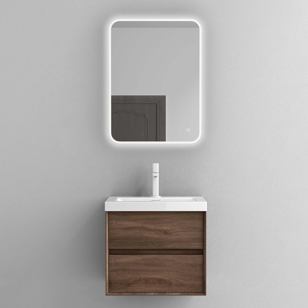 Mai & Mai Badmöbelset Badezimmermöbel Waschbeckenunterschrank 2 Schubladen mit Soft-Close inkl. Waschbecken und LED-Badspiegel Eiche Stirling 60 ...