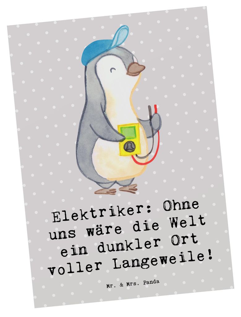 Mr. & Mrs. Panda Postkarte Elektriker Helden - Grau Pastell - Geschenk, bildkarte, Berufsalltag, Postkarten, Elektroinstallationen, Energie, Berufs...